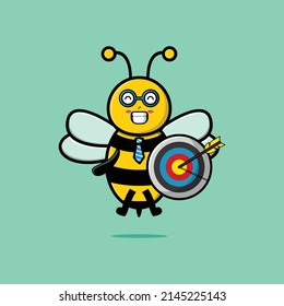 Cute cartoon bee businessman holding target and arrow with happy expression