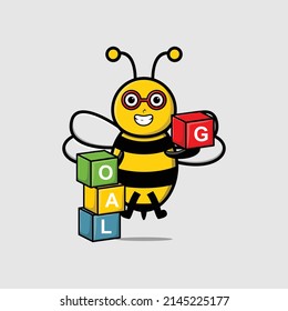 Cute cartoon bee businessman stacking goal box in 3d modern style design