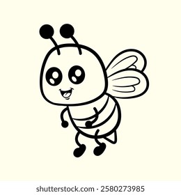 Cute cartoon bee character flying. Thin line illustration.