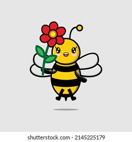 Cute cartoon bee character holding red flower in concept 3d cartoon style