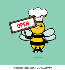 Cute cartoon bee character holding open sign designs in concept 3d cartoon style