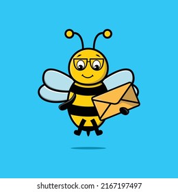 Cute cartoon bee character holding envelope with cartoon vector illustration style