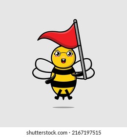 Cute cartoon Bee character holding triangle flag in 3d modern design for t-shirt, sticker