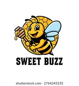 A cute cartoon bee character mascot holding a honey dipper against a honeycomb background circle for a sweet buzz branding concept.