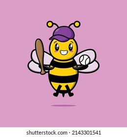 Cute cartoon bee character playing baseball in modern style design