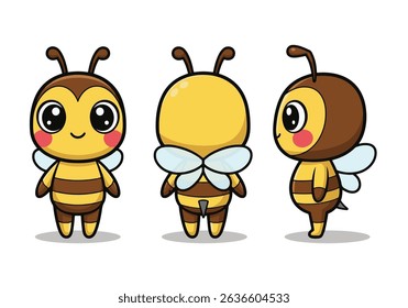 Cute Cartoon Bee Character Set - Front, Back, and Side View for Animation and Mascot. Vector illustraton