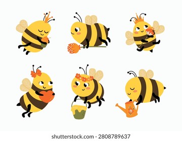 Cute cartoon bee character set, hand drawn honey bee collection with queen bee, flowers, watering can and honey pot isolated on white background for kids design