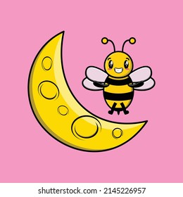 Cute cartoon Bee character standing on the crescent moon in 3d modern design