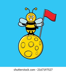 Cute cartoon Bee character standing on the moon with flag in 3d modern design