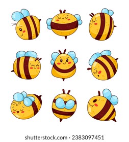 Cute cartoon bee characters. Honeybee  with a smiling face. Hand drawn style. Vector drawing. Collection of design elements.