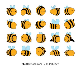 Cute cartoon bee characters. Honeybee with a smiling face. Hand drawn style. Vector drawing. Collection of design elements.