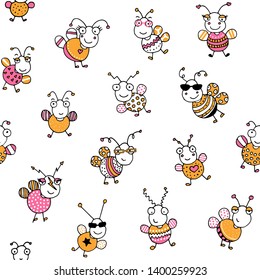Cute cartoon bee characters in yellow and pink dotted and striped sweaters on white background