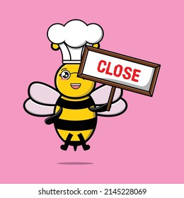 Cute cartoon bee chef character holding close sign designs in concept 3d cartoon style