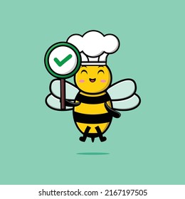 Cute cartoon bee chef character holding correct sign in vector fruit character illustration