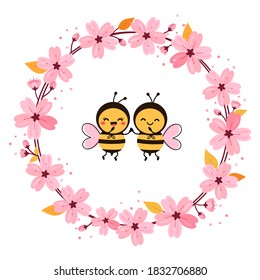 Cute cartoon bee and Cherry blossom flower wreath on white background vector illustration.