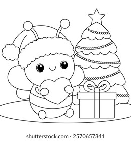Cute cartoon bee and christmas tree coloring page for kids