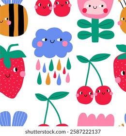 Cute Cartoon Bee, Cloud, Flower, berry in flat style. Playful spring seamless pattern