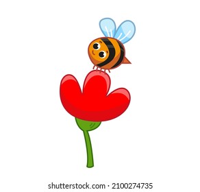 A cute cartoon bee collects nectar from a red flower. Drawing of a bumblebee insect in a childish style with an outline. Colored summer illustrations with plant and wasp