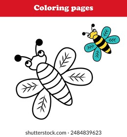 Cute  cartoon  bee coloring page, vector printable worksheets for preschool.