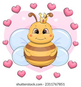 Cute cartoon bee with crown and hearts. Vector illustration of a royal animal on a pink background.