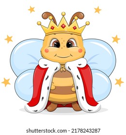 Cute cartoon bee with crown and royal robe. Vector illustration of animal on white background with stars.