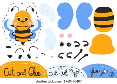 Cute cartoon bee. Education paper game for children. Cut and glue to create the image.Vector stock illustration in flat style isolated on white background.