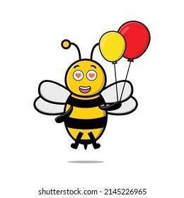 Cute cartoon bee floating with balloon cartoon vector illustration in concept 3d cartoon style