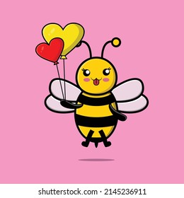 Cute cartoon bee floating with love balloon cartoon vector illustration