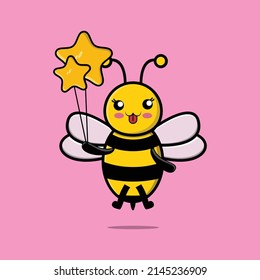 Abeja de dibujos animados flotando con ilustración vectorial de dibujos animados de estrellas