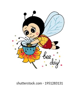 Cute cartoon bee with flower, bee day. Vector illustration. Use this clipart to create baby shower invites, nursery art, birthday decor, greeting cards, children's clothing. 

