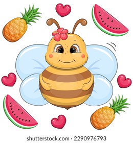 Cute cartoon bee with a flower surrounded by fruits and red hearts. Summer insect vector illustration on a white background with watermelon and pineapple.