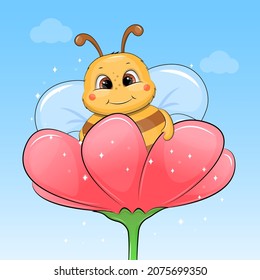 Cute cartoon bee in a flower. Vector illustration on a blue background.