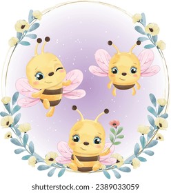 cute Cartoon Bee with Flower Wreath vector watercolor