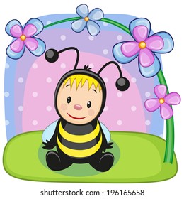 Cute cartoon bee with flowers