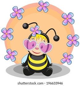 Cute cartoon bee with flowers