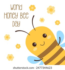 cute cartoon bee and flowers, card for happy world bee day, flat vector illustration