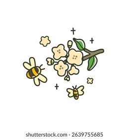 Cute cartoon bee and flowers. Kawaii vector illustration with outline honeybee, blossom, buzzing and pollination scene in a spring garden