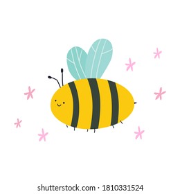 Cute cartoon bee with flowers Vector flat illustration. Great design element for sticker, patch or poster. 