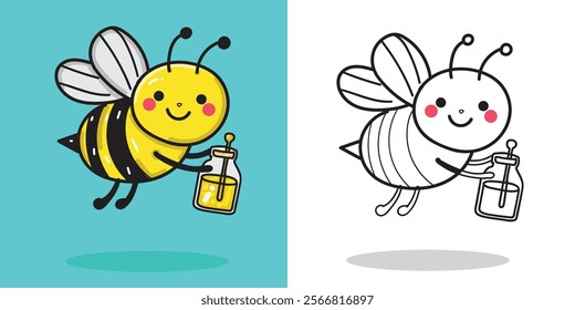 A cute cartoon bee flying for a design element or coloring book element