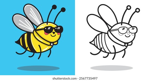 A cute cartoon bee flying for a design element or coloring book element