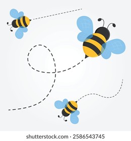 Cute cartoon bee flying happily with line