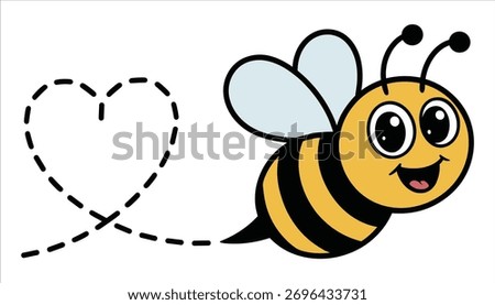 Cute cartoon bee flying and leaving a dashed heart trail insect