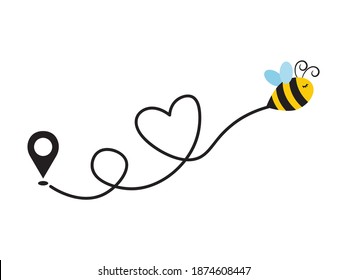 Cute Cartoon Bee Flying on a Heart Shaped Route