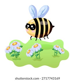 Cute cartoon bee flying over daisies in colorful garden scene.