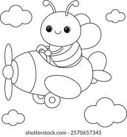 Cute cartoon the bee flying a plane coloring page for kids