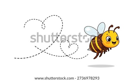 Cute cartoon bee flying through the air leaving two separate heart shaped dashed trails to symbolize love and double joy.