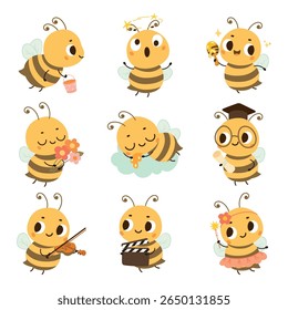 Cute cartoon bee. Funny bees in different poses, emotional insects. Cute flying insect with bucket, flowers, play music and sleep on cloud, nowaday vector set