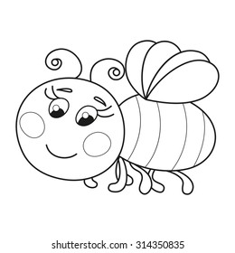 Cute cartoon bee, funny ruddy bee flying, vector illustration, coloring book page for children