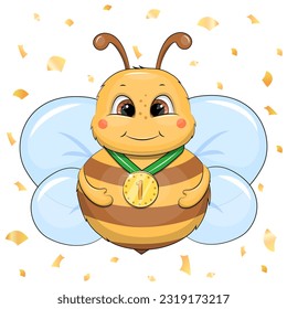 Cute Cartoon Biene mit Goldmedaille. Vektorgrafik eines Insekts auf weißem Hintergrund mit goldenem Konfetti.