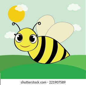 Cute cartoon bee with green fields and a happy background